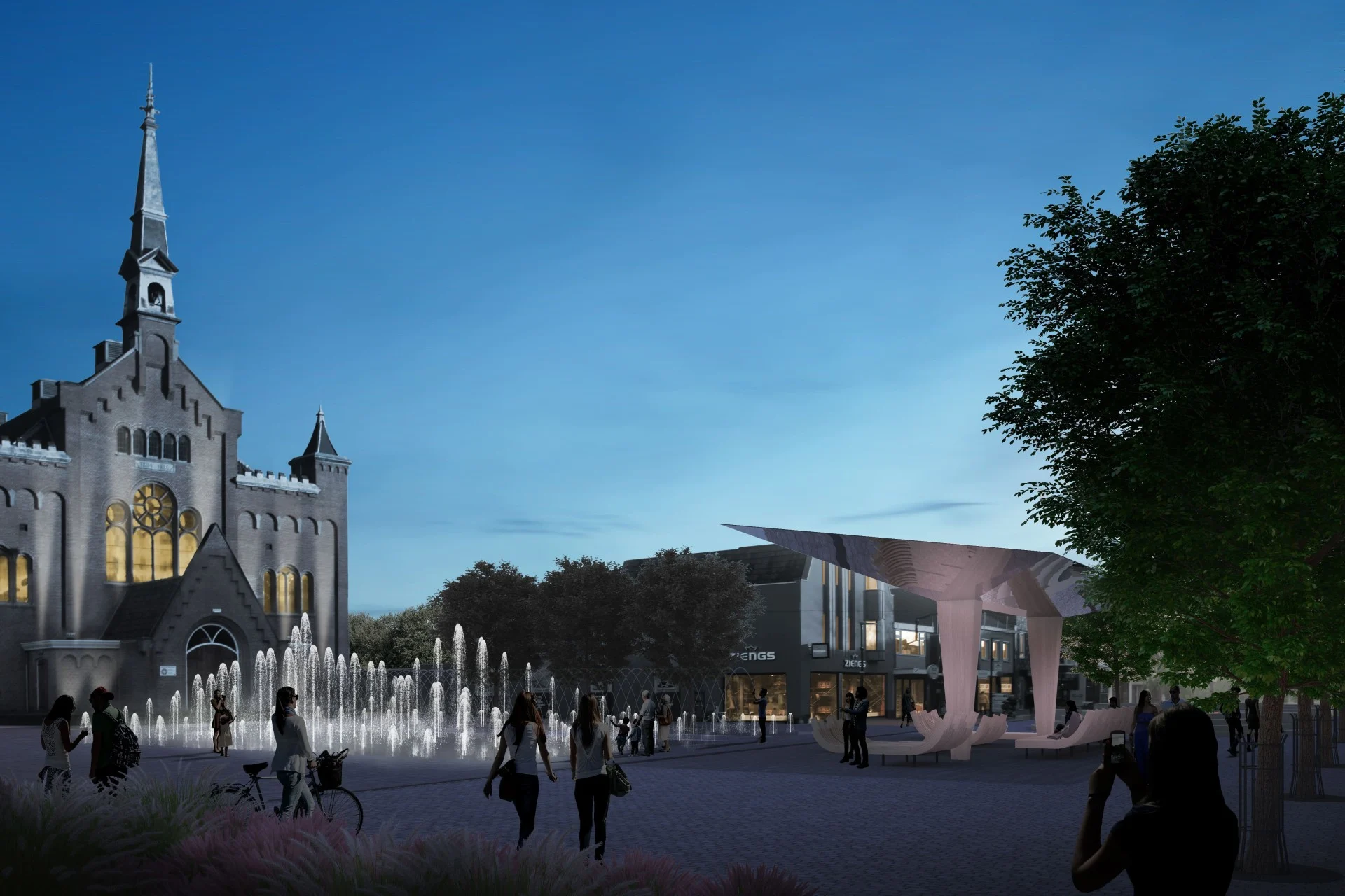 Impressie in de avond van het Kerkplein in Hoogeveen met de kerk, de fonteinen en de spiegelkraan