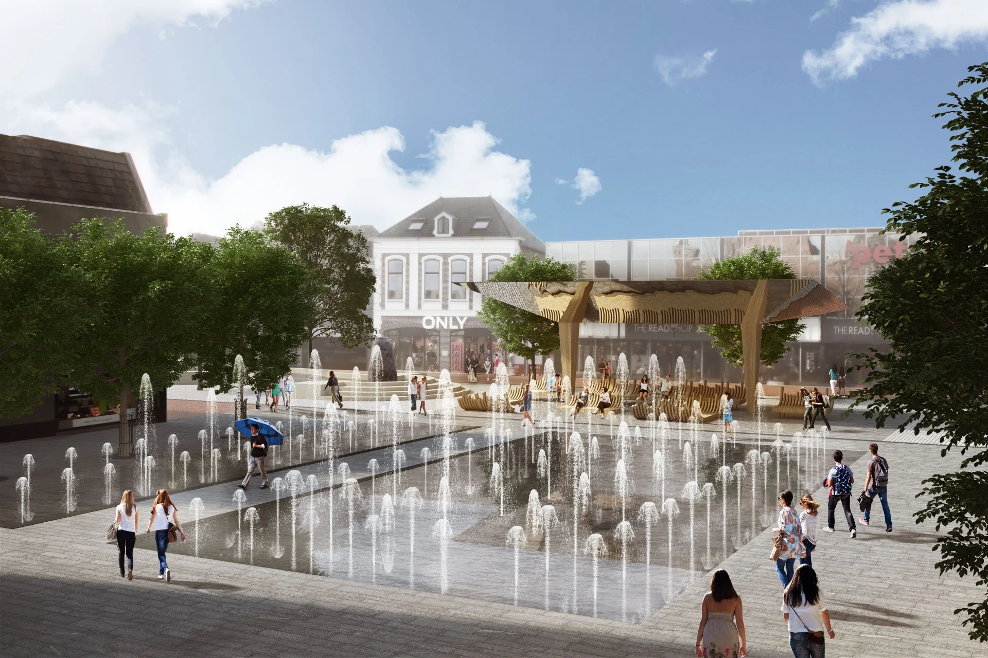 Impressie van het fonteinplein en de spiegelkraan op het Kerkplein in Hoogeveen