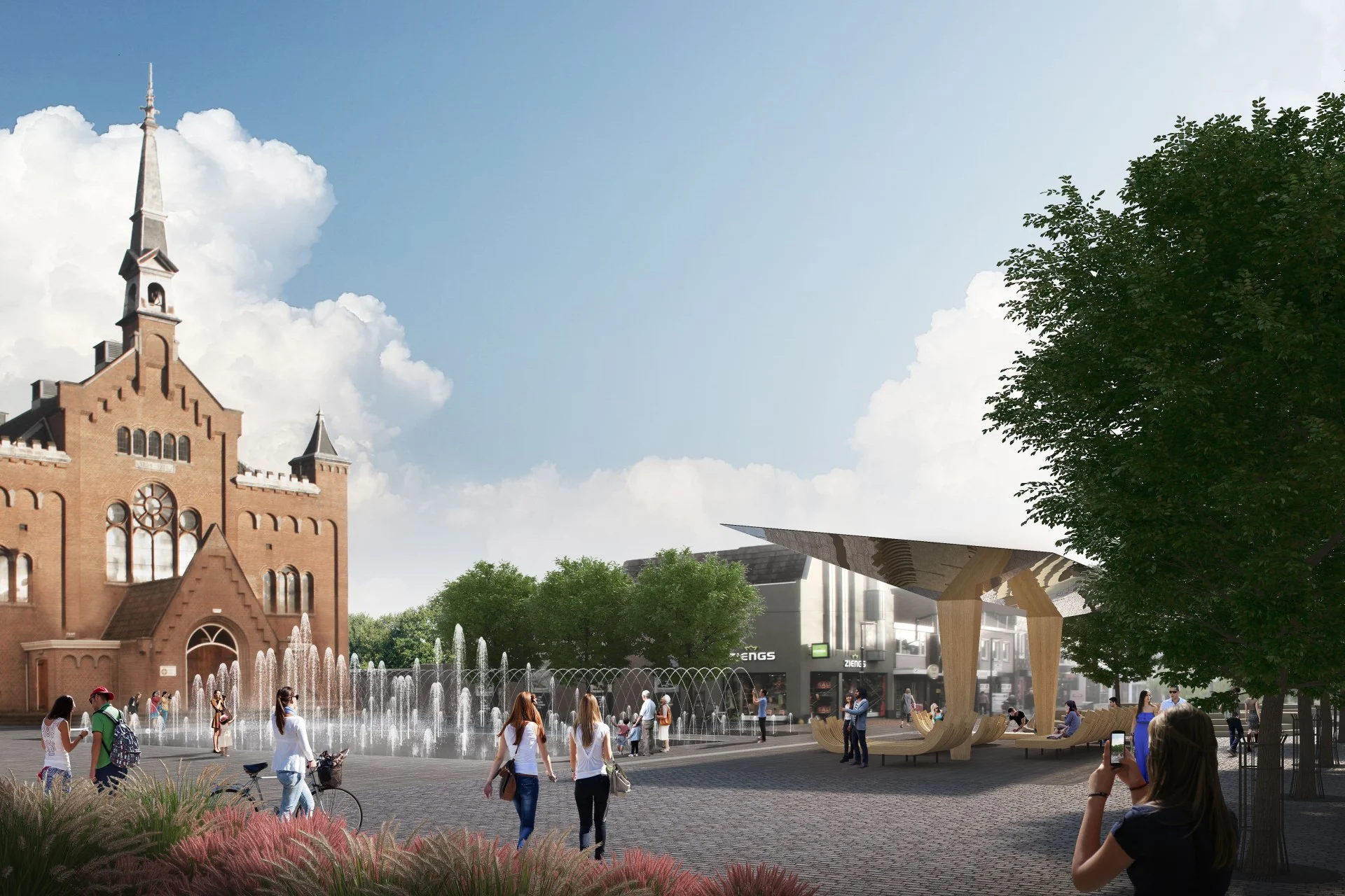 Impressie van het Kerkplein in Hoogeveen met de kerk, het fonteinplein en de spiegelkraan